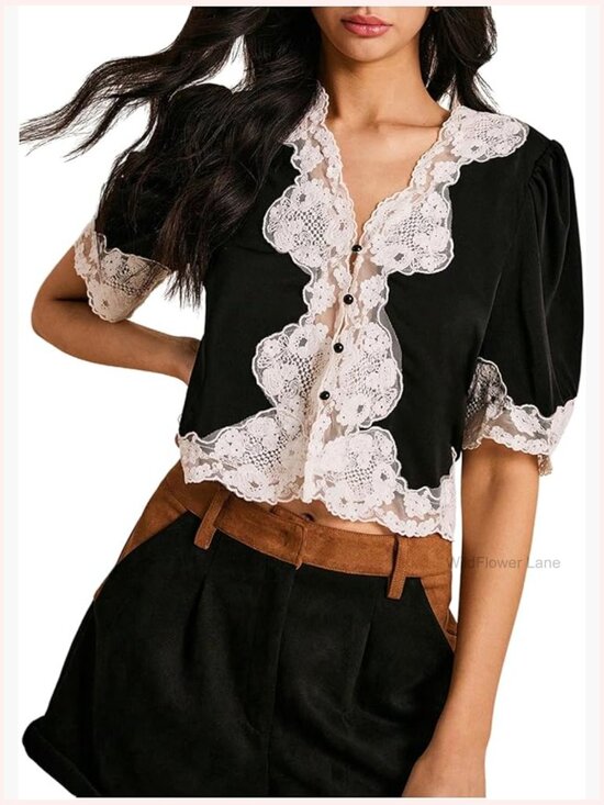 Tops - Women's Lace Crop Blouse Short Sleeve V Neck Button Down Elegant Top